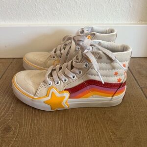 Vans Kids High-Top Sneakers in Cream with Rainbow Stripe and Yellow Stars